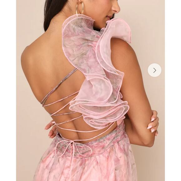 Lulus Decadent Dreamer Pink Floral Backless One-Shoulder Maxi Dress Size M - Picture 7 of 10